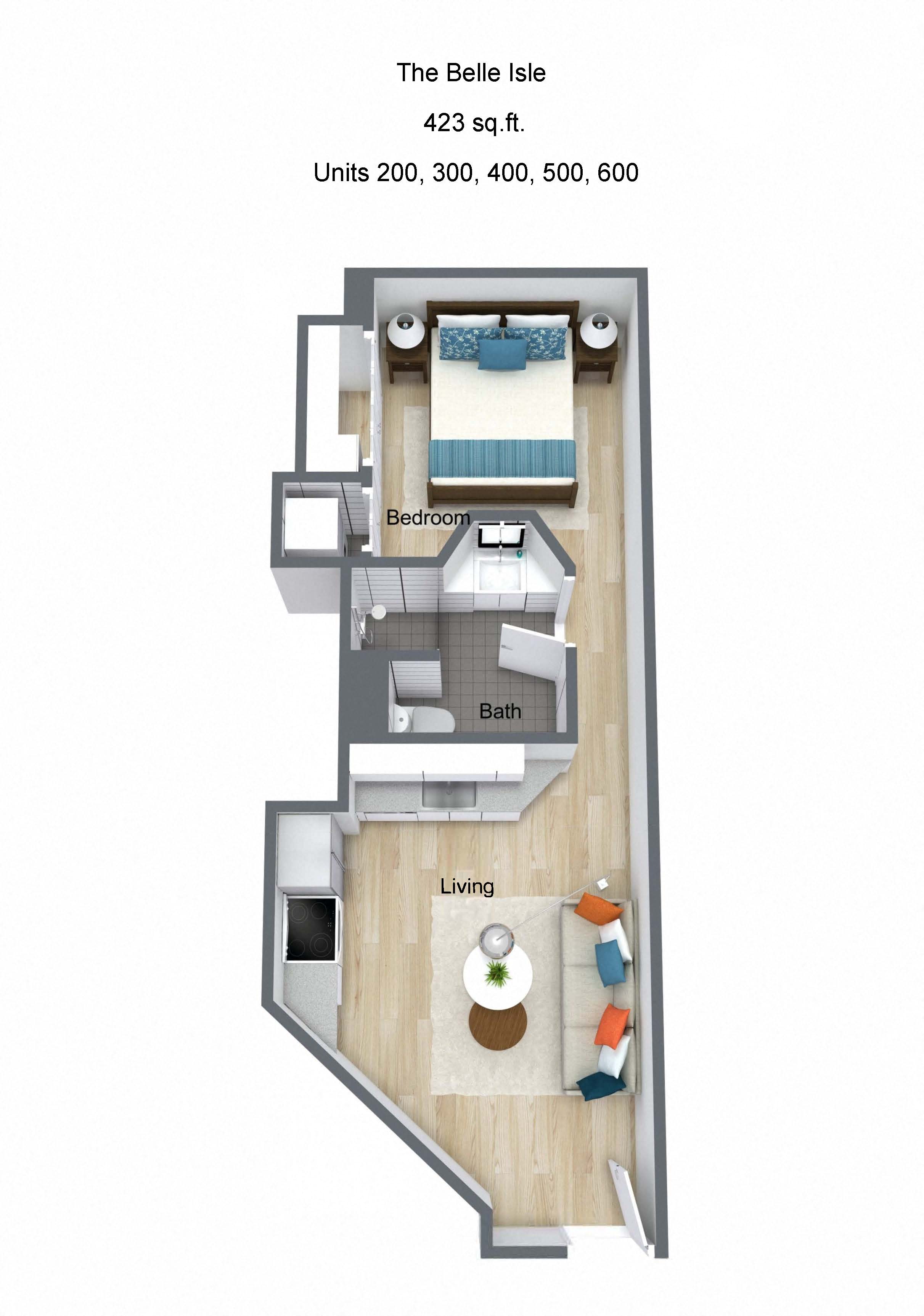 Floor plan for 1 bed, 1 bath, 423 sqft